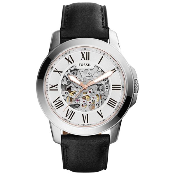 Fossil(Fossil Men’s Automatic Black Leather Strap White Skeleton Dial 45mm Watch ME3101)