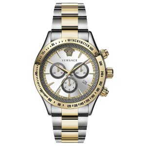 Versace (Versace Men’s Quartz Swiss Made Two Tone Stainless Steel Silver Dial 44mm Watch VEV700519)